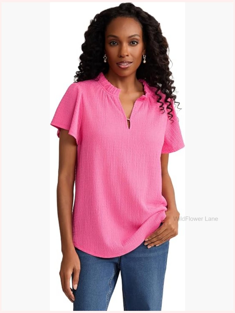 Flutter Sleeve V-Neck Crinkle Top Woven Blouse Office Wear